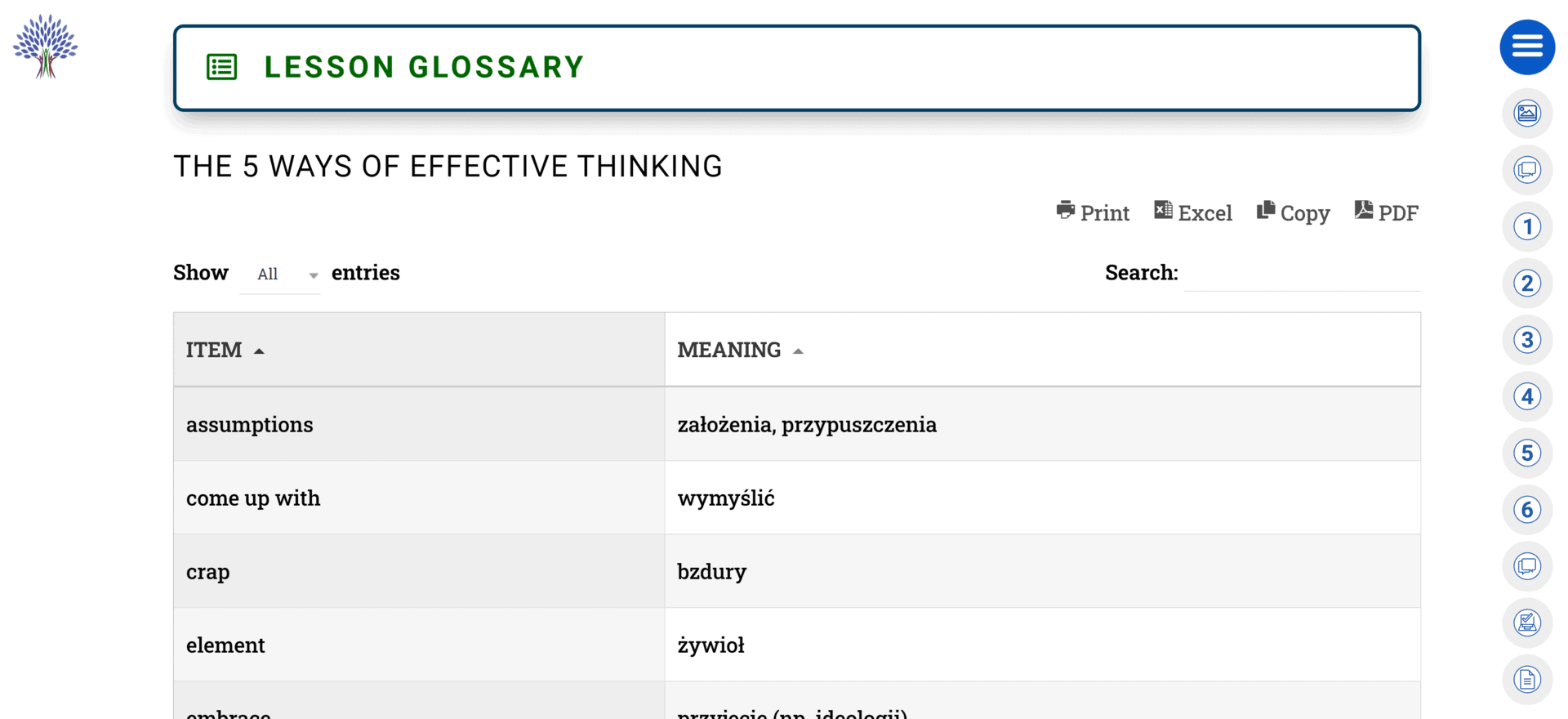 Lesson glossary on the blue tree