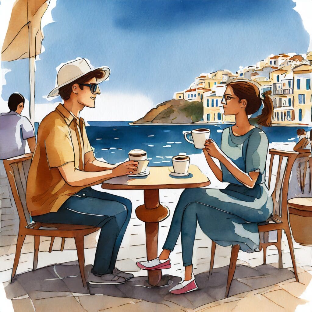 A young man and a young woman are sitting in a pavement cafe sipping coffee. It's some prett