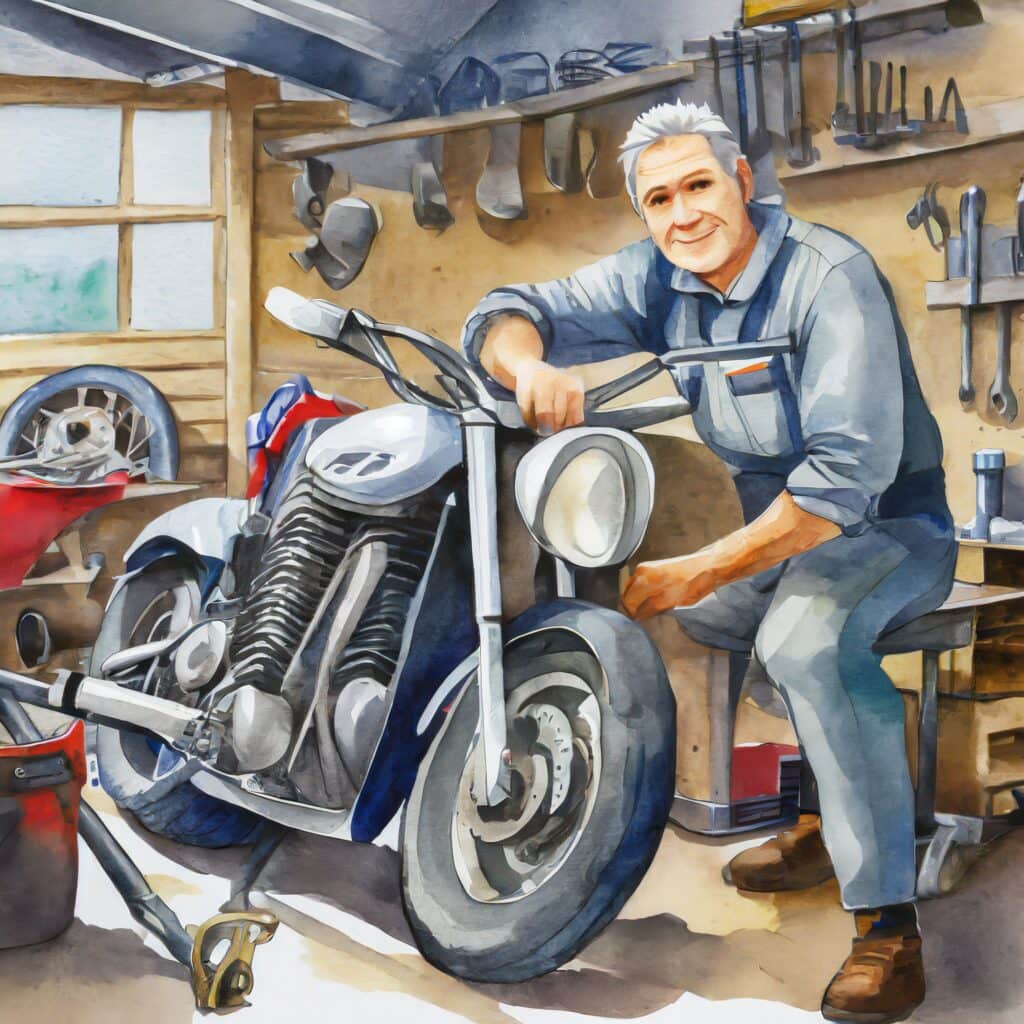 Firefly Watercolour picture. A middle-aged man is working on his motorcycle in a garage. The place i